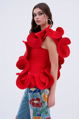 ABSTRACT RUFFLE OFF THE SHOULDER BLOUSE