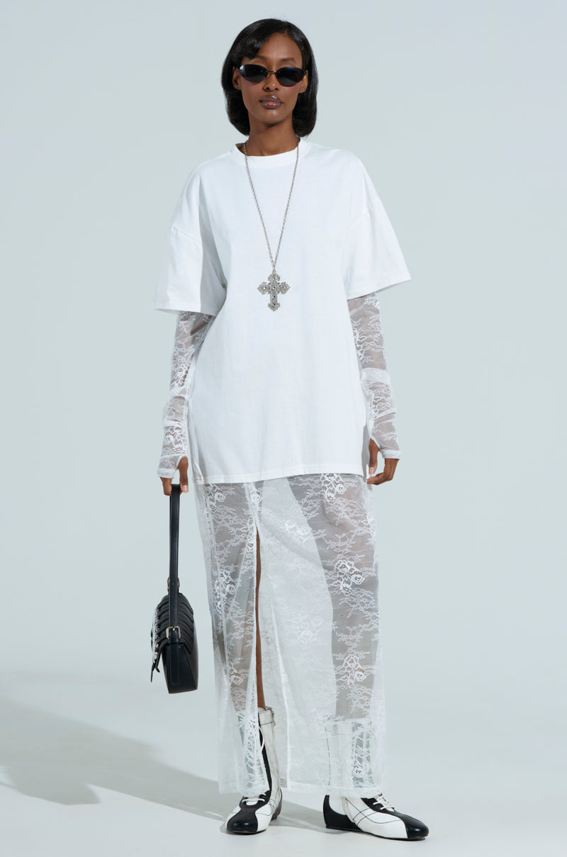 GIRLY BUT NOT LAYERED LACE MIDI DRESS IN WHITE