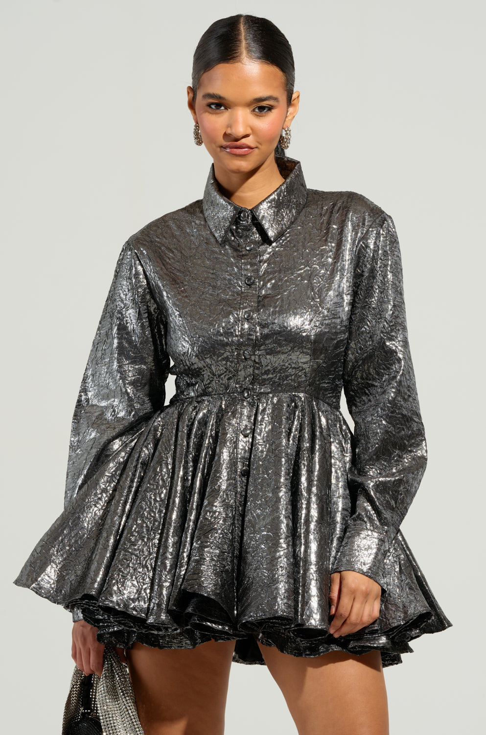 THE IT GIRL SILVER METALLIC MINI DRESS