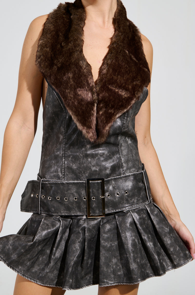 STEPPING OUT PU FUR TRIM MINI DRESS