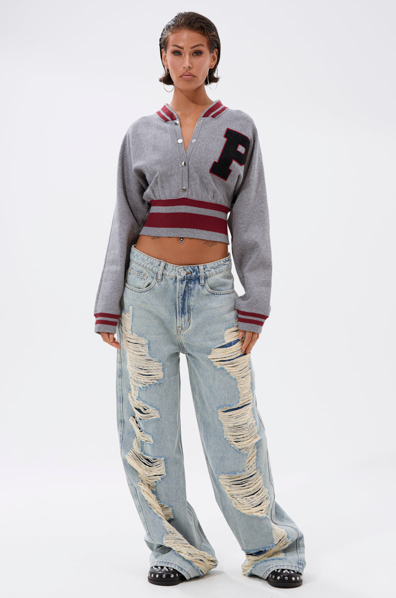 VARSITY TEAM BUTTON DOWN SWEATER IN HEATHER GREY