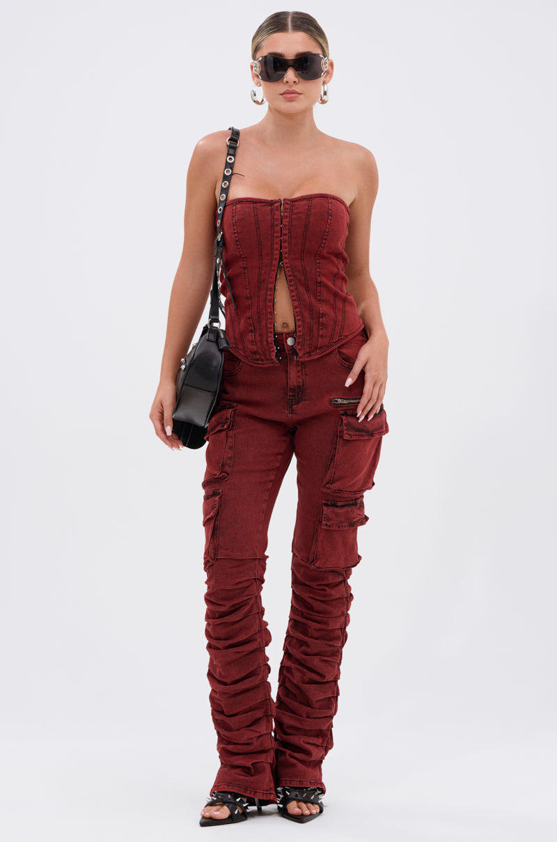 IT GETS EASIER DENIM CORSET IN BURGUNDY