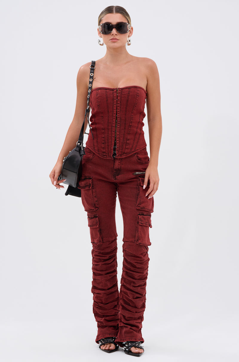 IT GETS EASIER DENIM CORSET IN BURGUNDY