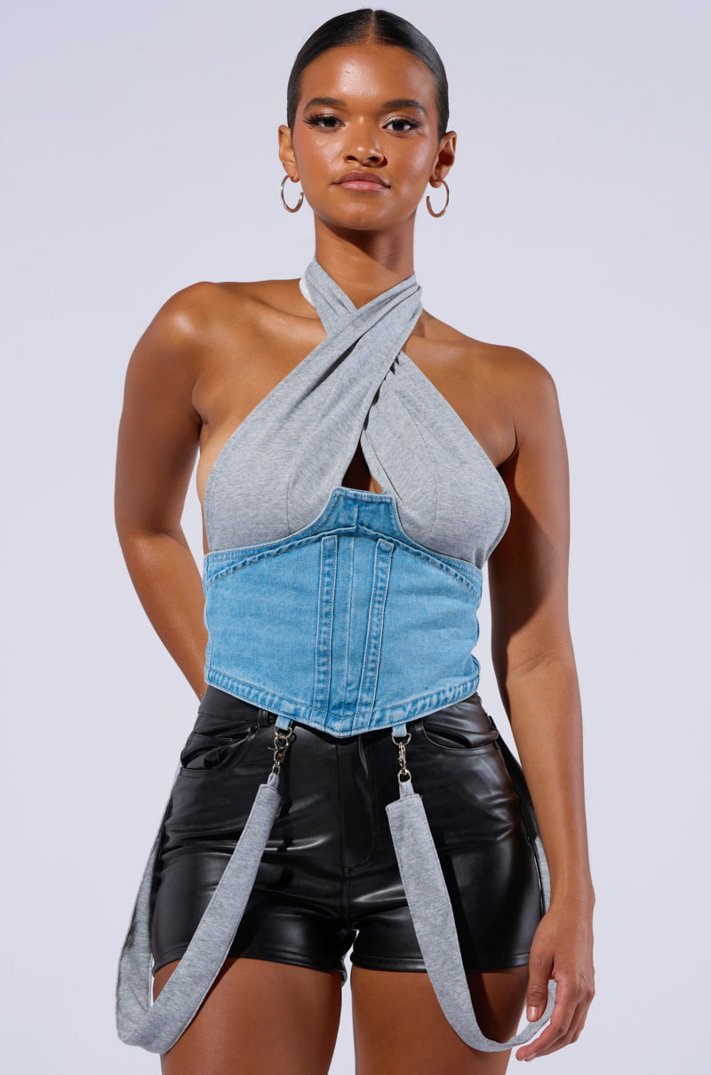 HOLLABACK GIRL HALTER NECK DENIM CORSET