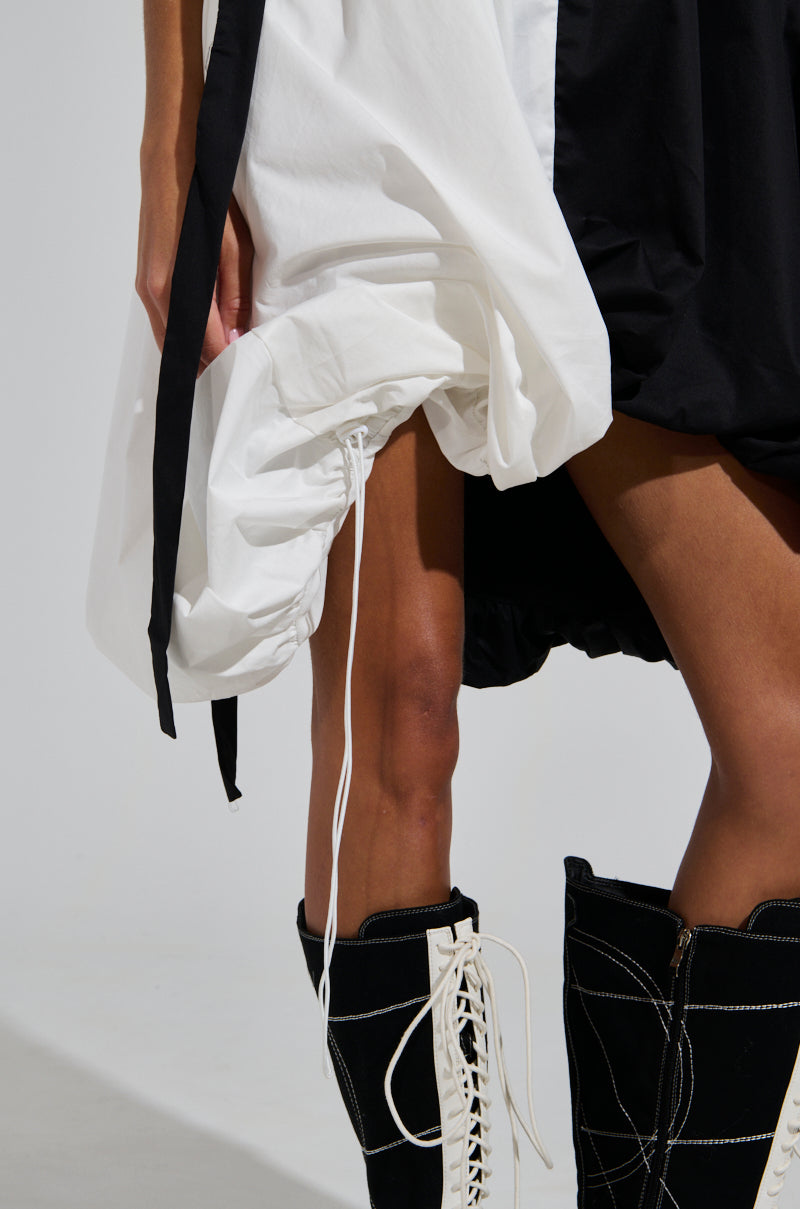 CUTIE GIRL POPLIN MINI BLACK AND WHITE DRESS WITH BOW DETAILS