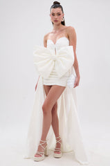 SHE IS THE MOMENT MINI DRESS WITH TRAIN IN WHITE