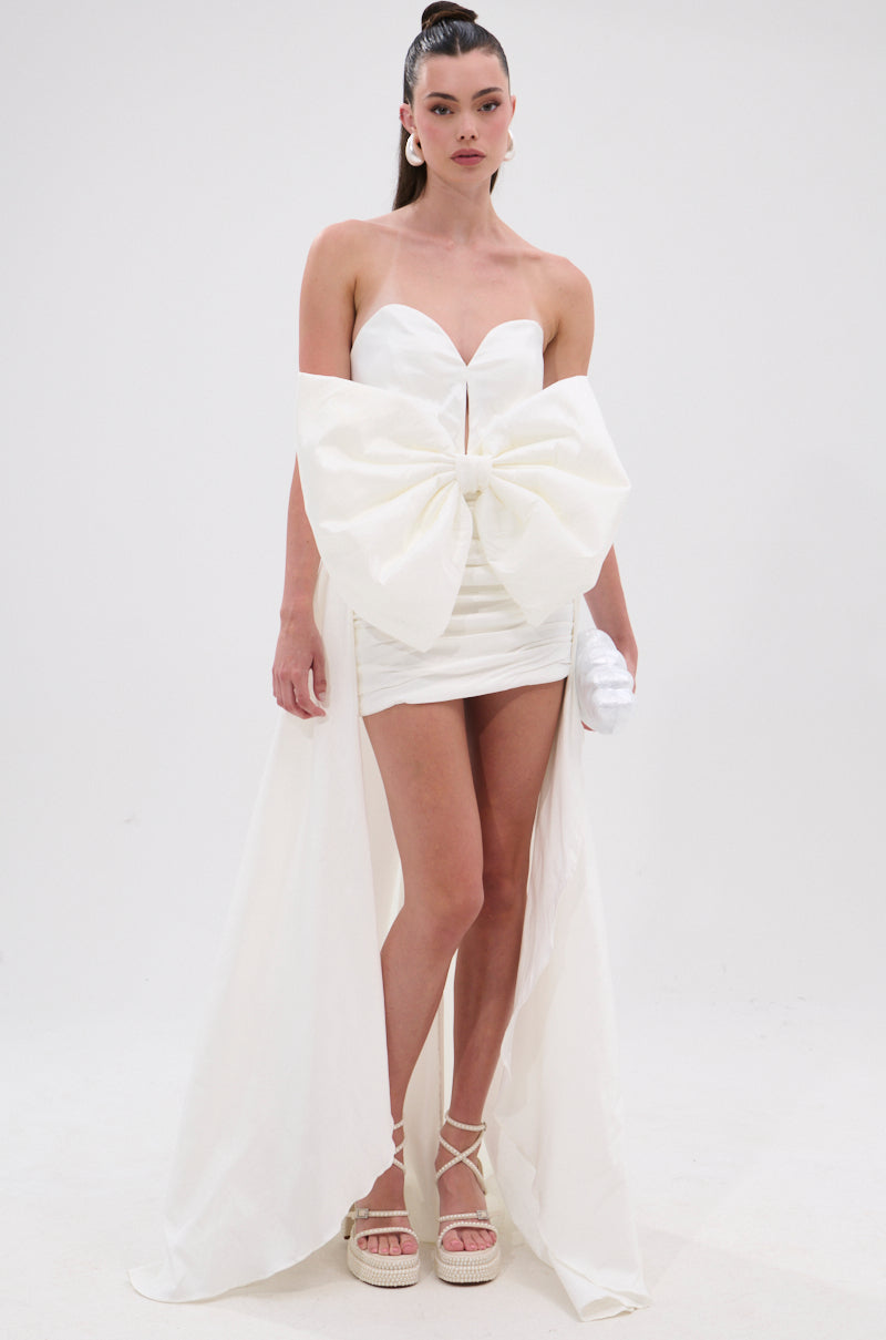 SHE IS THE MOMENT MINI DRESS WITH TRAIN IN WHITE