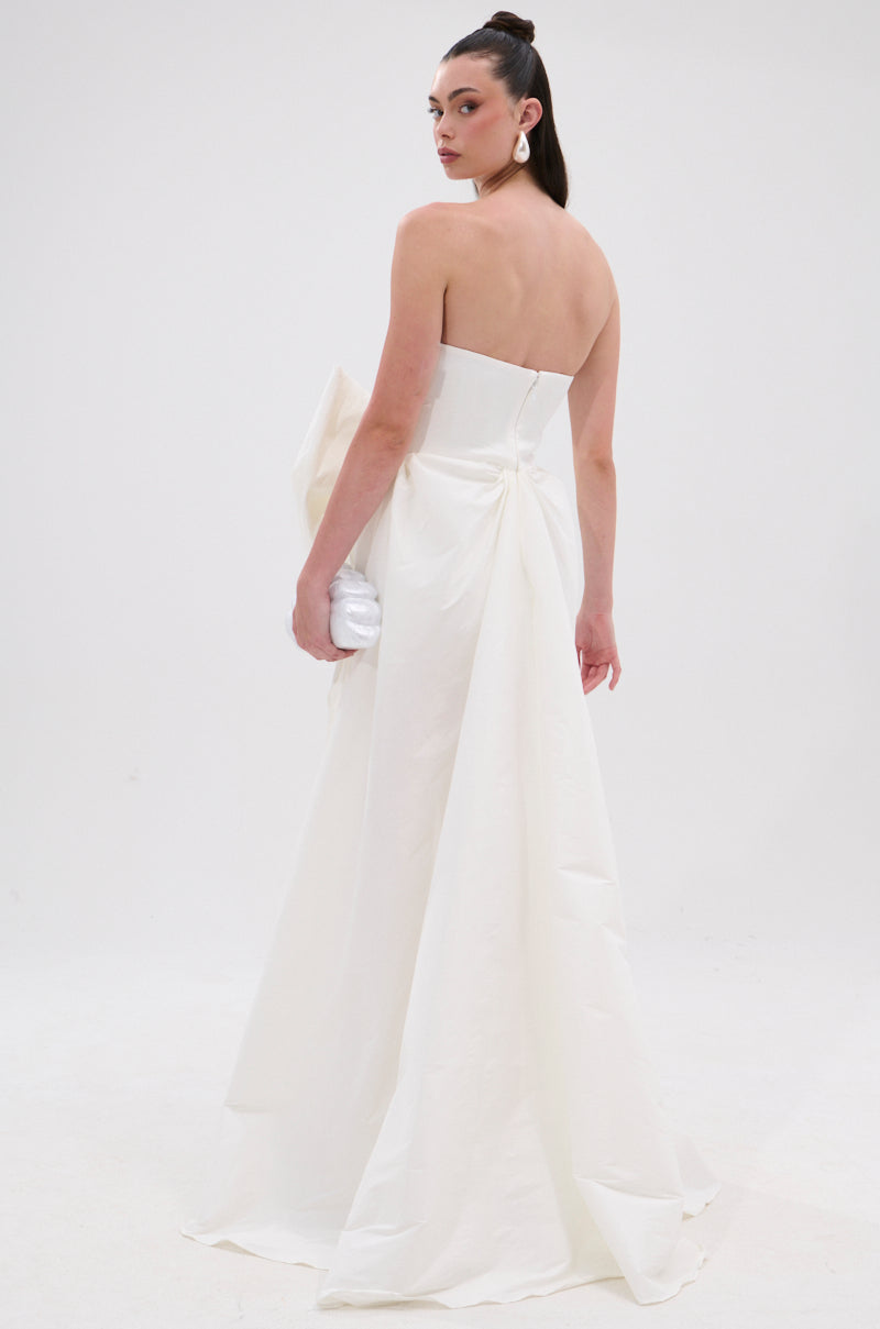 SHE IS THE MOMENT MINI DRESS WITH TRAIN IN WHITE