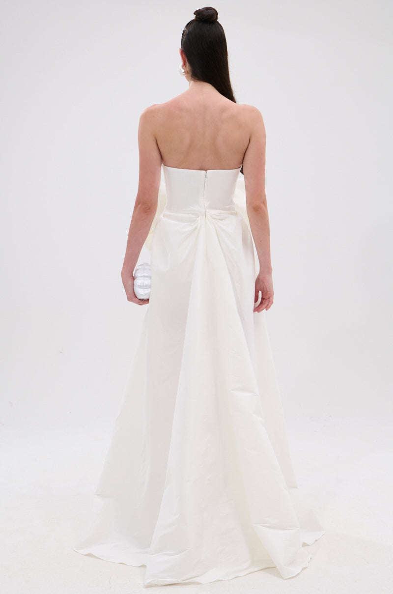 SHE IS THE MOMENT MINI DRESS WITH TRAIN IN WHITE