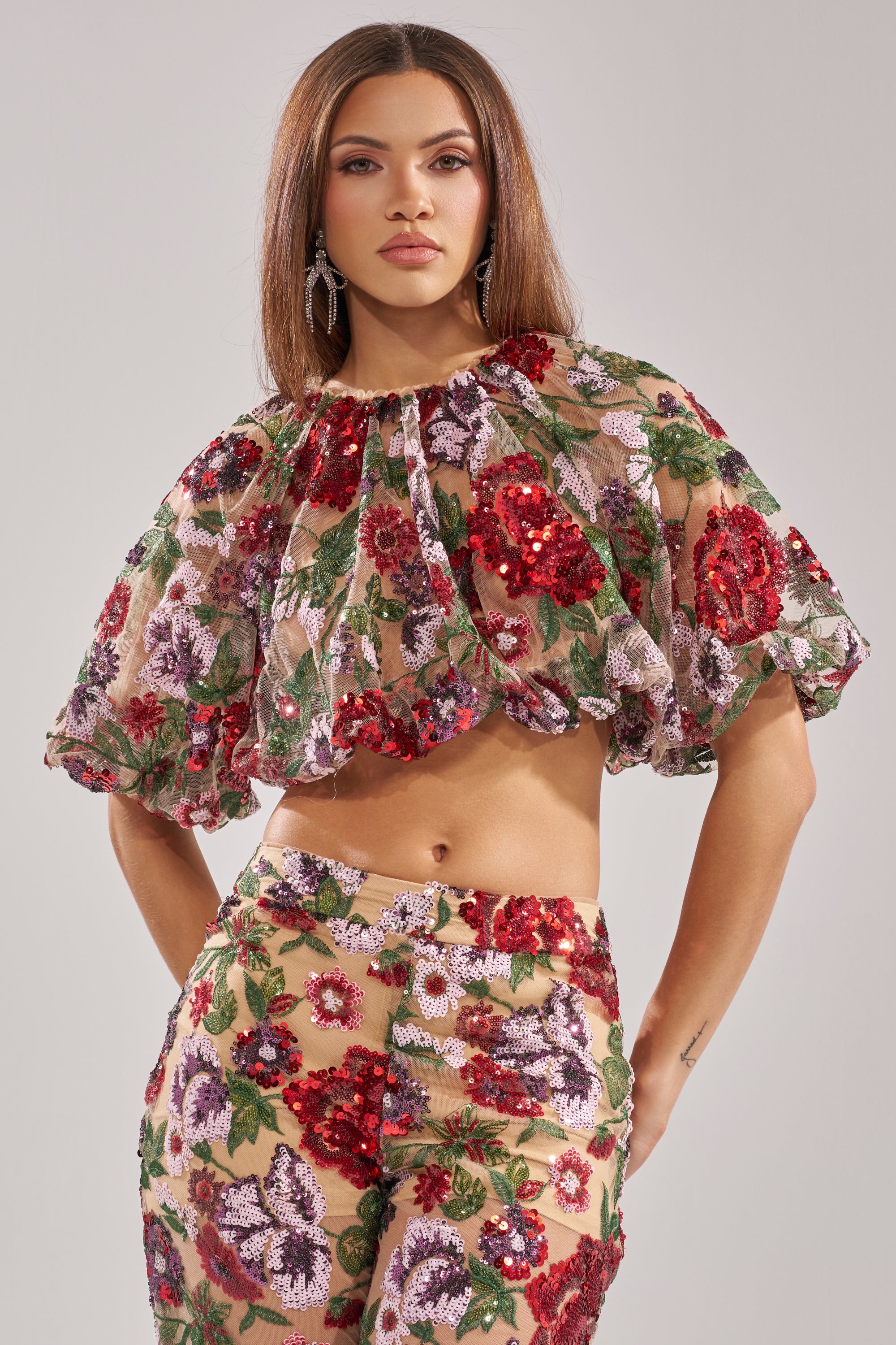 ENCHANTED GARDEN FLORAL EMBROIDERED TULLE TOP