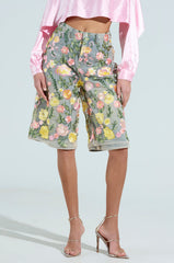 GARDEN PARTY STRETCH DENIM WITH FLORAL TULLE BERMUDA SHORTS