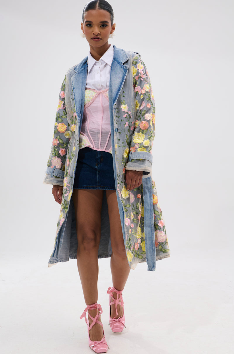 LIFE IN COLOR FLORAL DENIM TRENCH