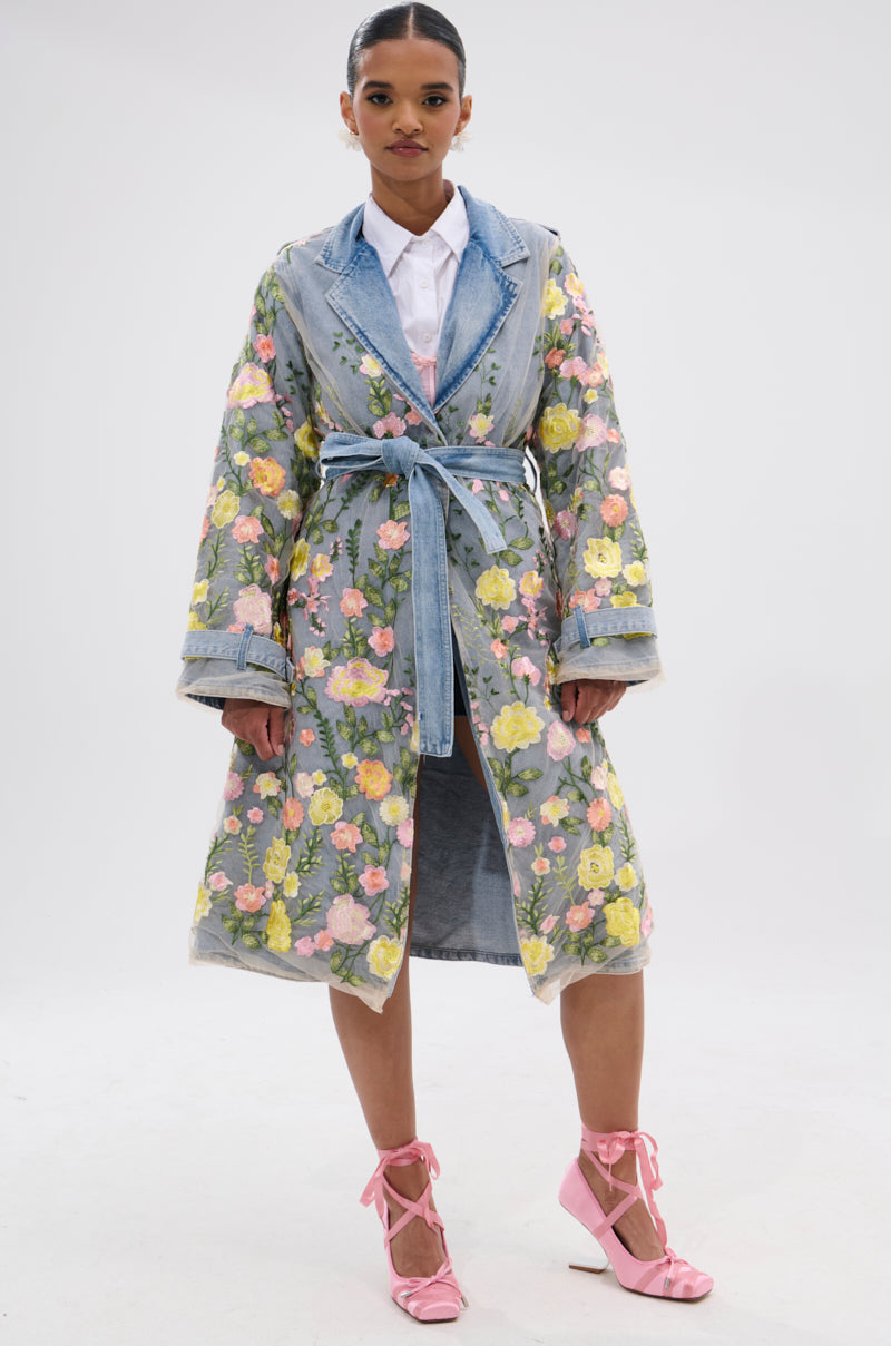 LIFE IN COLOR FLORAL DENIM TRENCH
