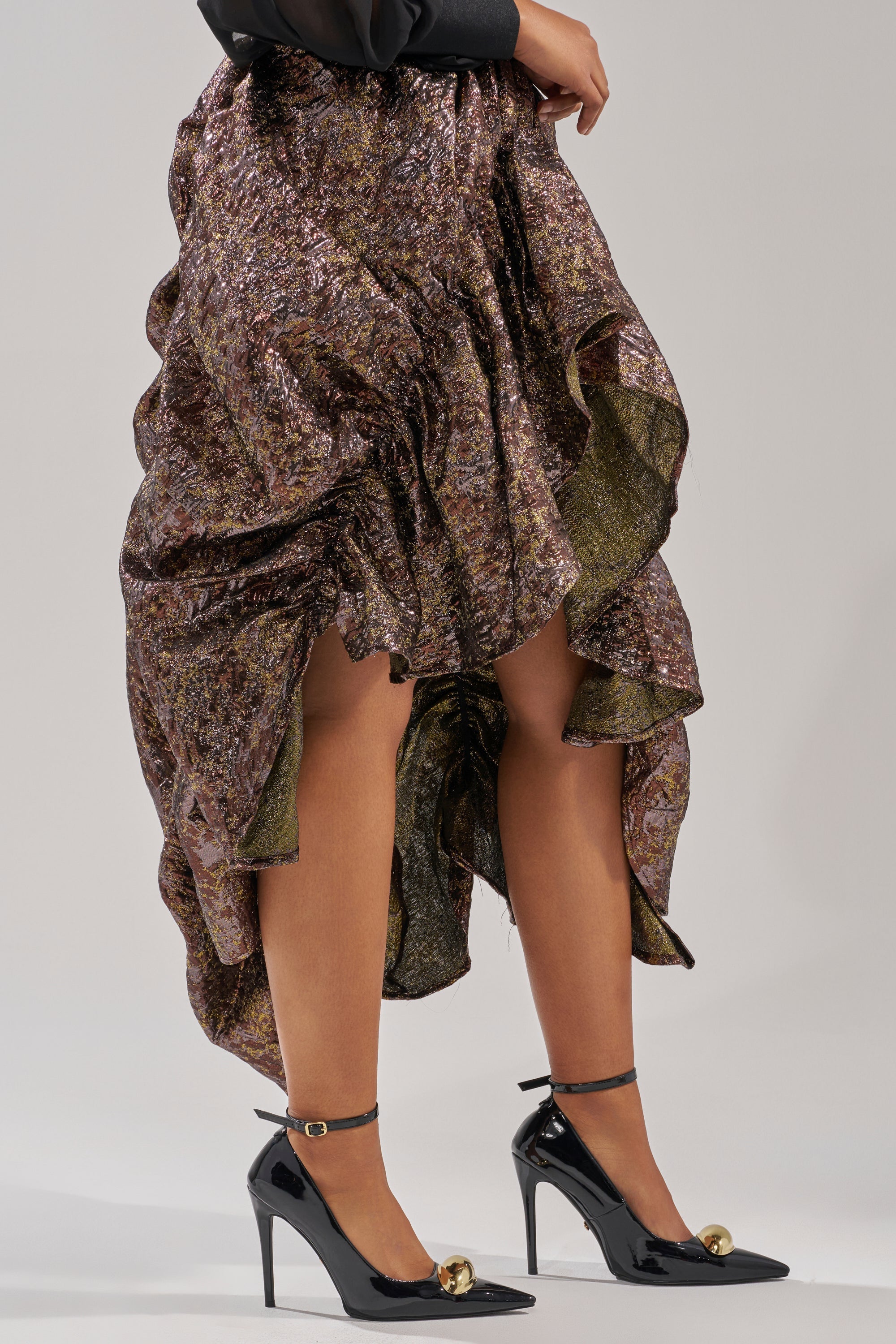 CRAZY FOR YOU BROCADE RUCHED MIDI SKIRT