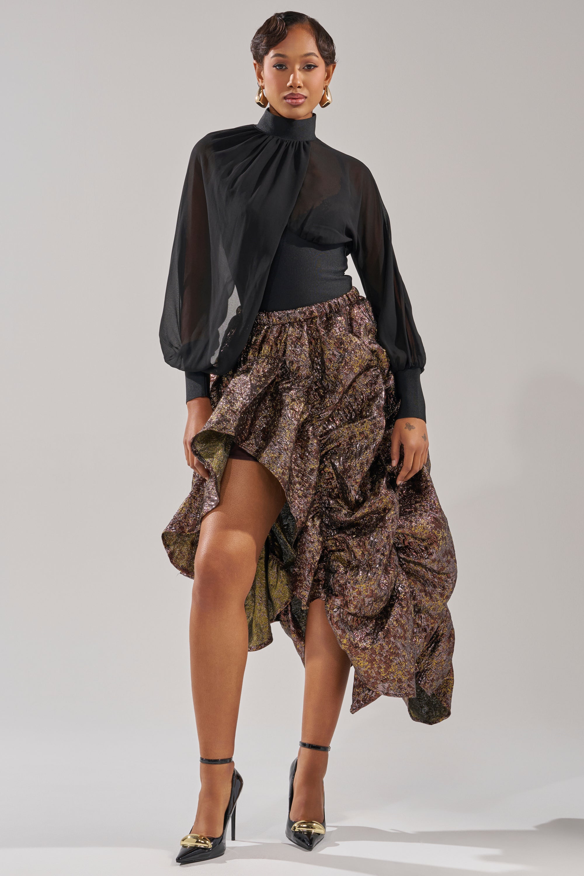 CRAZY FOR YOU BROCADE RUCHED MIDI SKIRT