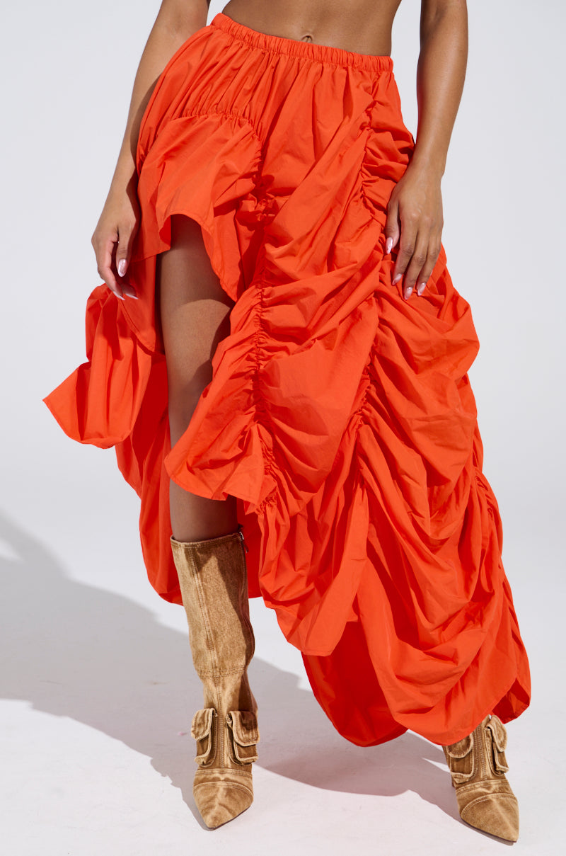 LETS CHANGE IT UP RUCHED MIDI SKIRT IN ORANGE
