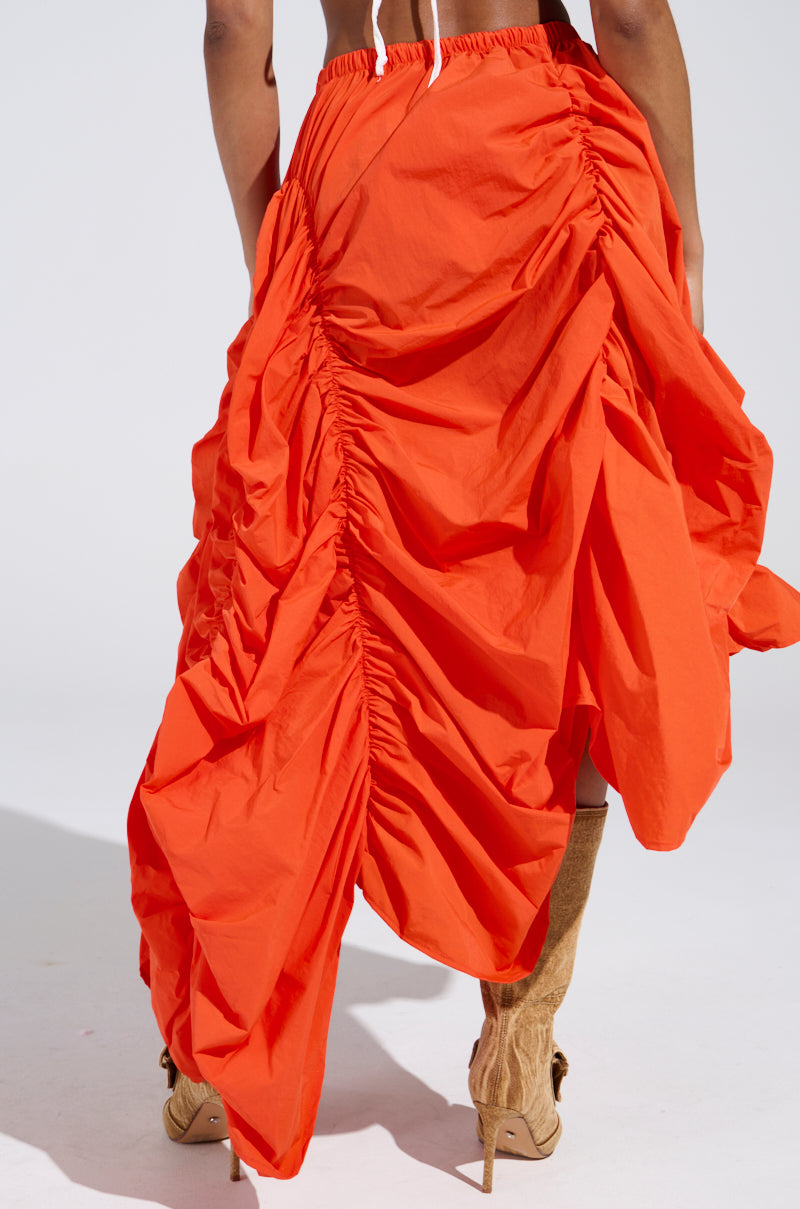 LETS CHANGE IT UP RUCHED MIDI SKIRT IN ORANGE
