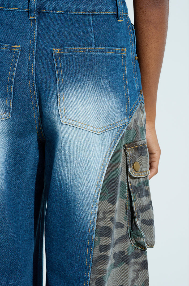 CADET CRAZY CAMO AND DENIM WIDE LEG PANT