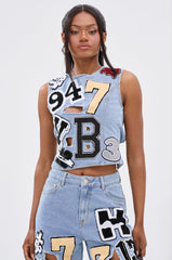 PATCH DENIM BLOUSE TOP WITH OPEN BACK