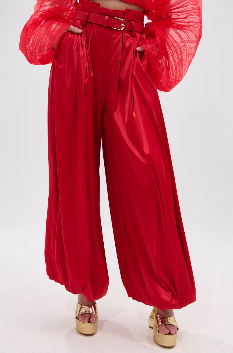 FORTUNE'S FAVORITE SATIN BELTED BALLOON PANT IN RED