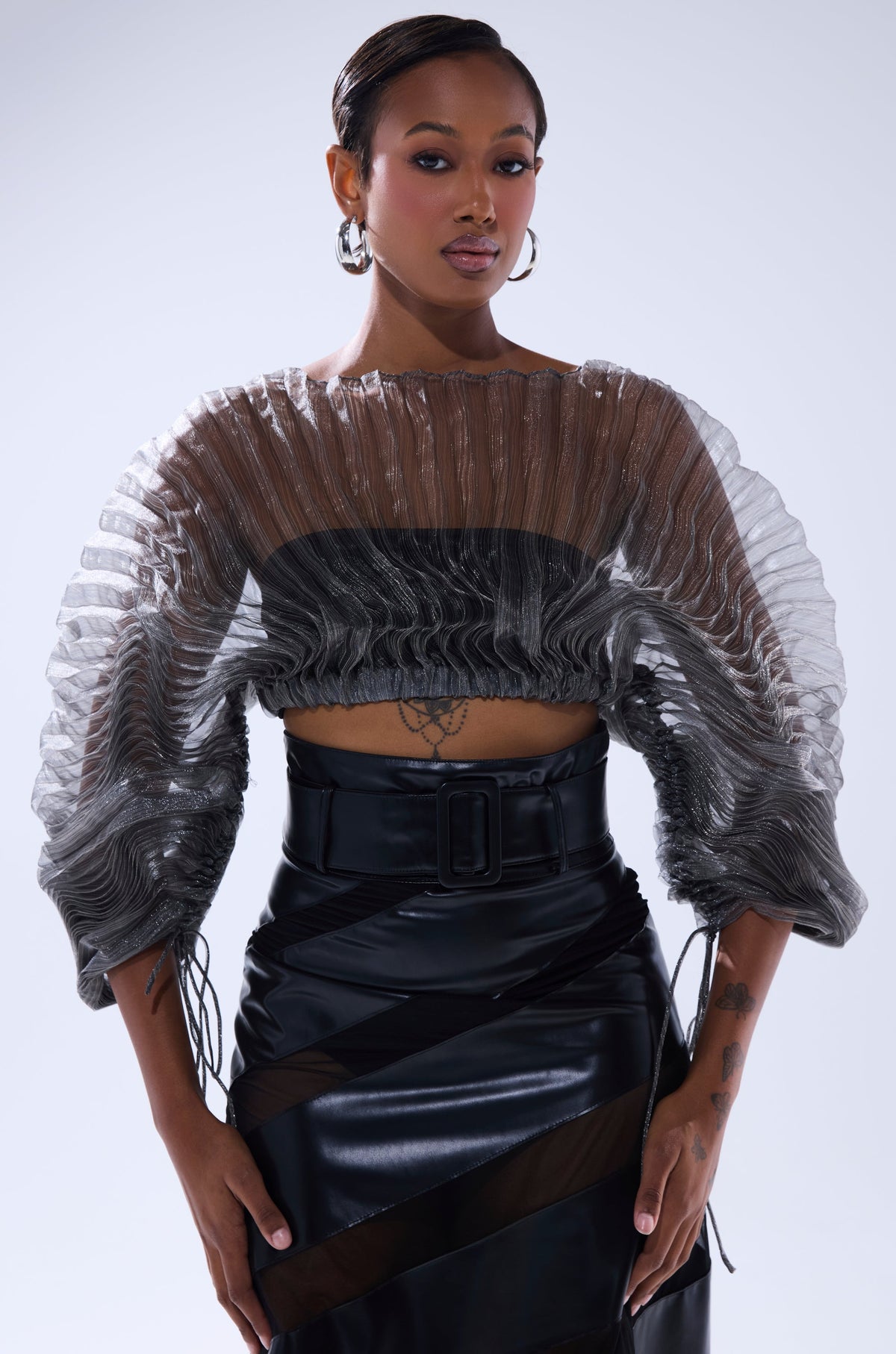 SHEER PLEATED CROP TOP IN GREY