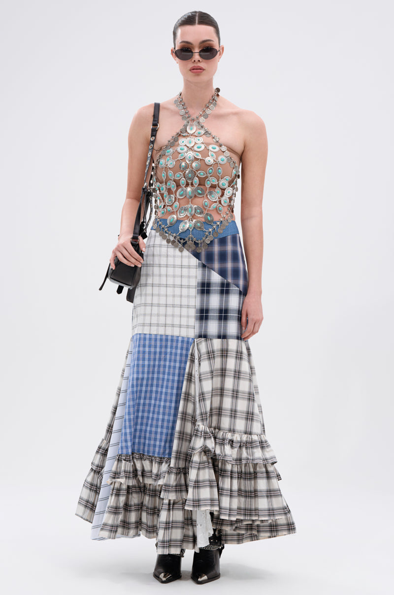 OUT OF ALIGNMENT PLAID MIDI SKIRT