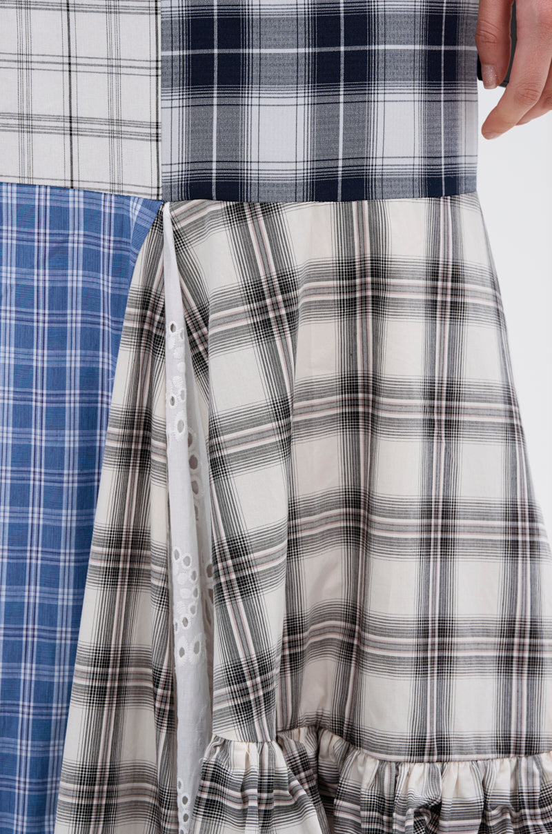 OUT OF ALIGNMENT PLAID MIDI SKIRT
