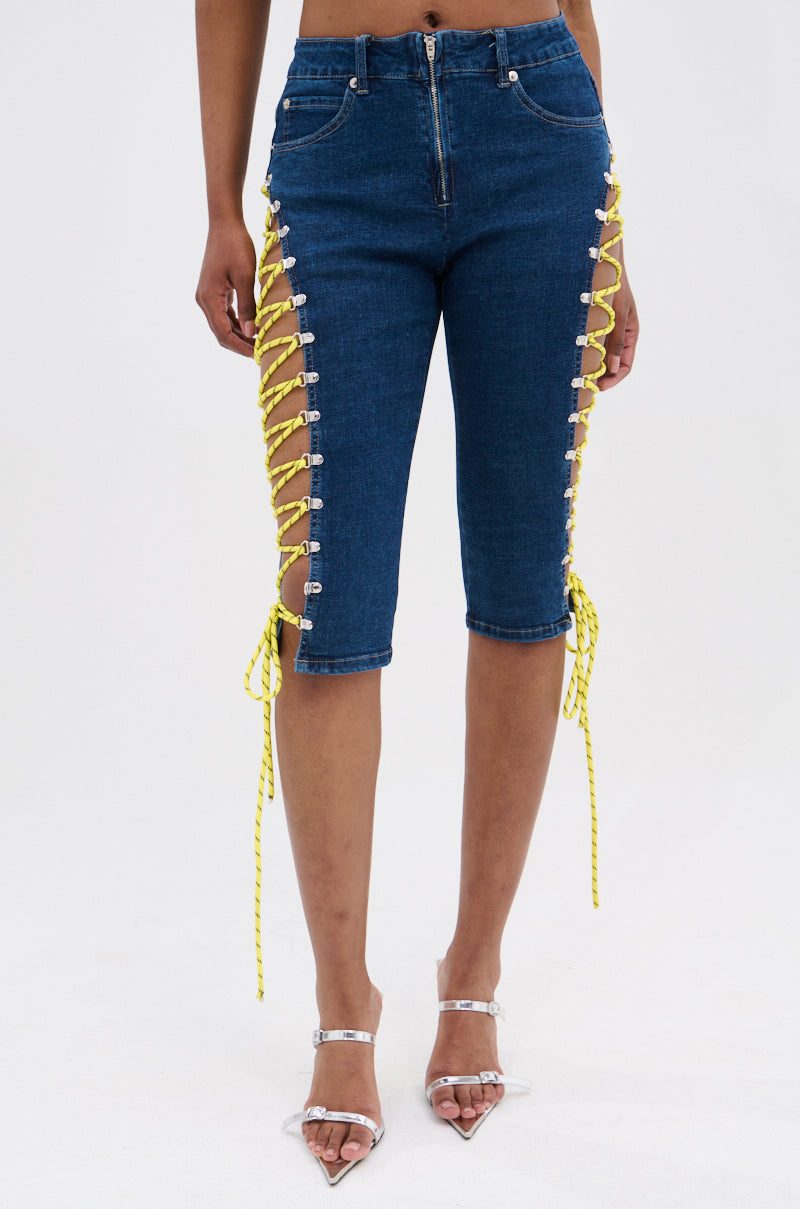 CUTE AS CAN BE LACE-UP DENIM CAPRI