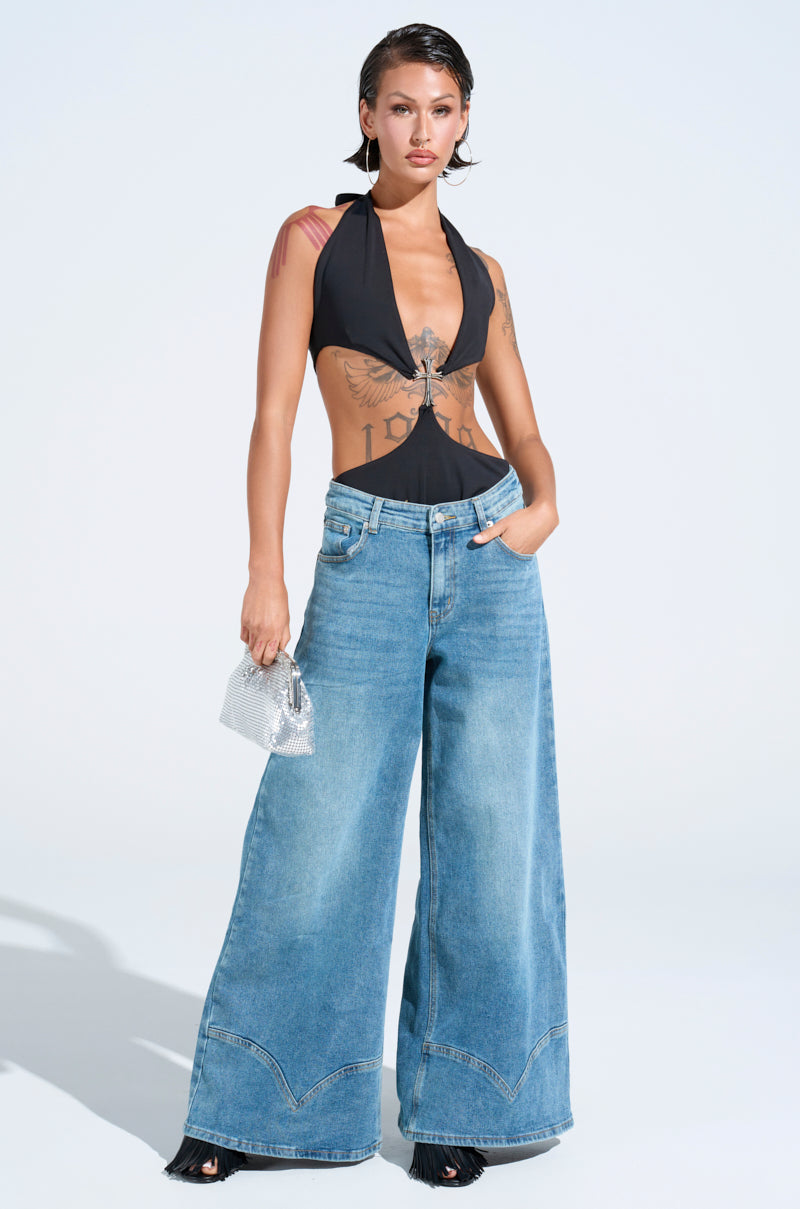 ALIVE AND WELL DENIM PANT WITH LACE UP AT HEM