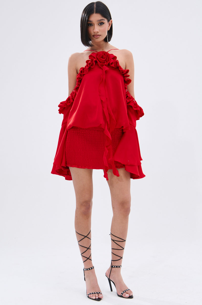 CHIC AF RUFFLE MINI DRESS IN RED