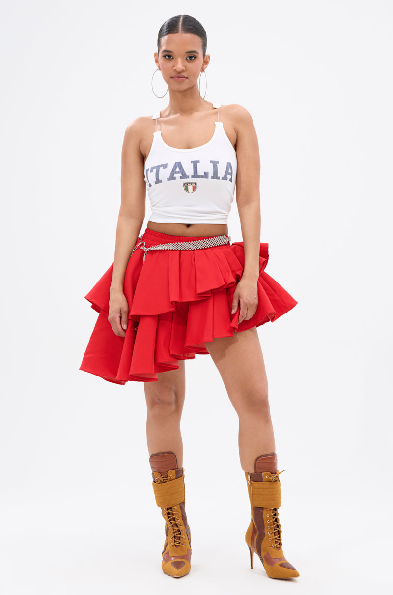 RUBY RED MINI PLEATED SKIRT