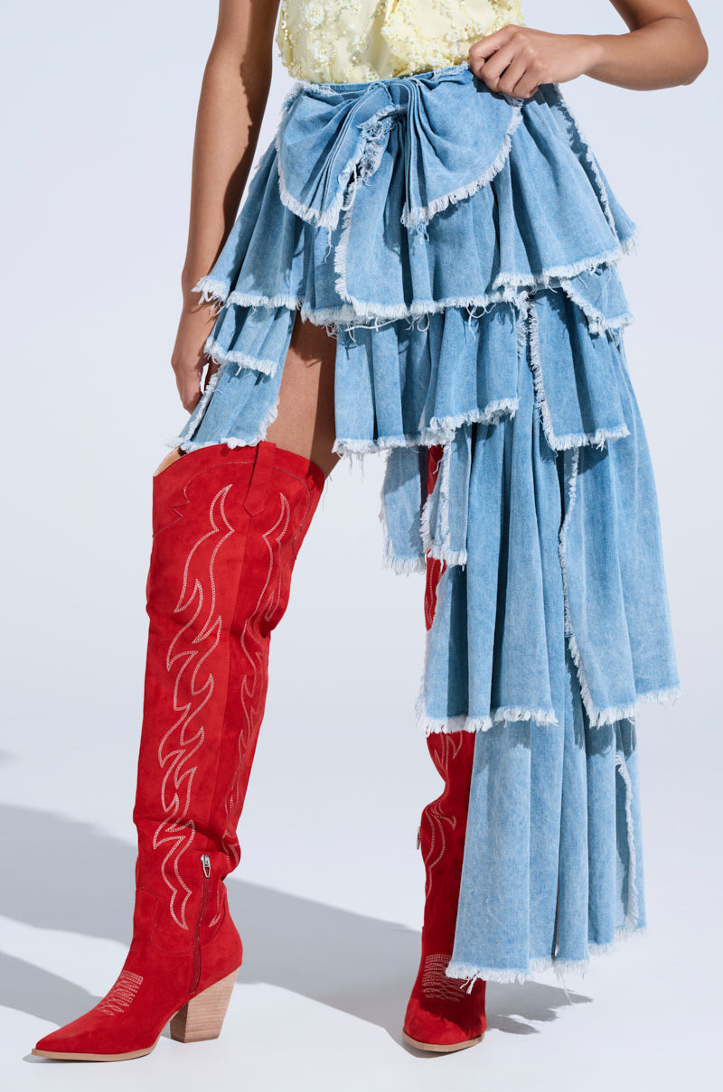 DISTRESSED TIERED ASYMMETRIC MIDI SKIRT