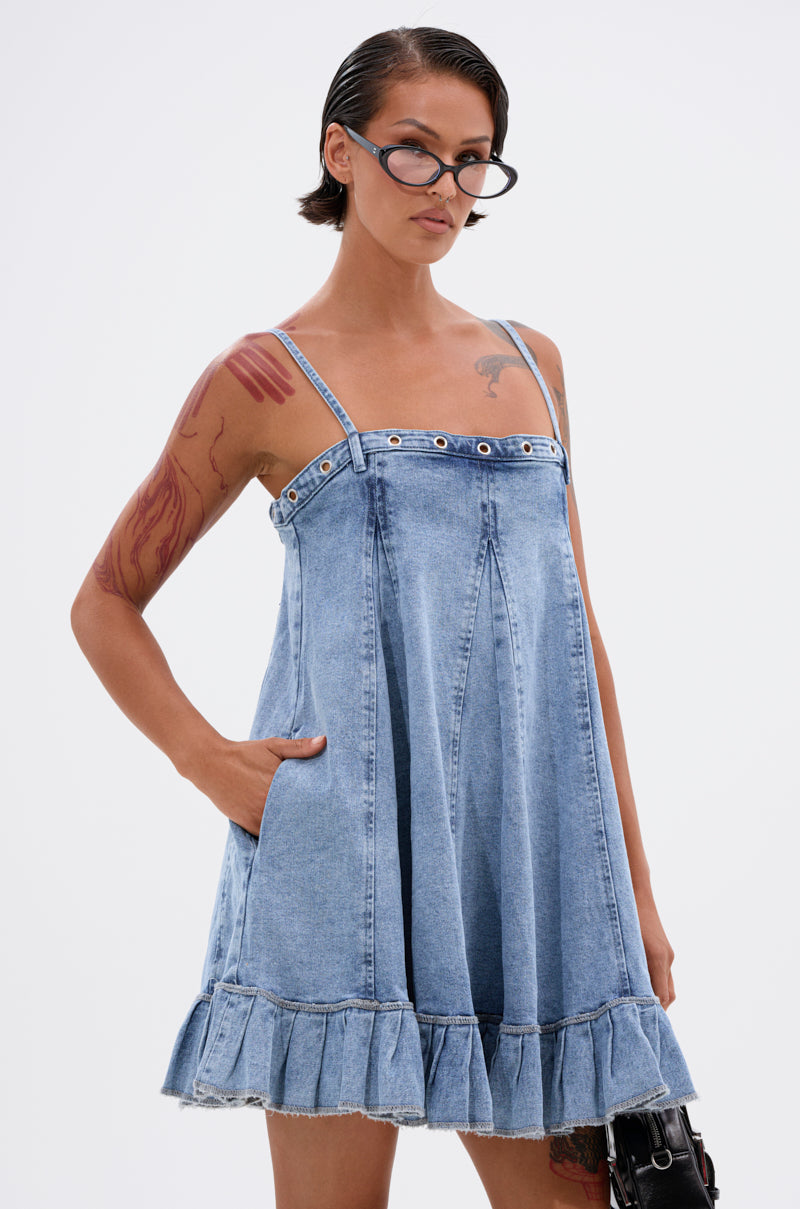 PLEATED UP MINI DRESS IN DENIM