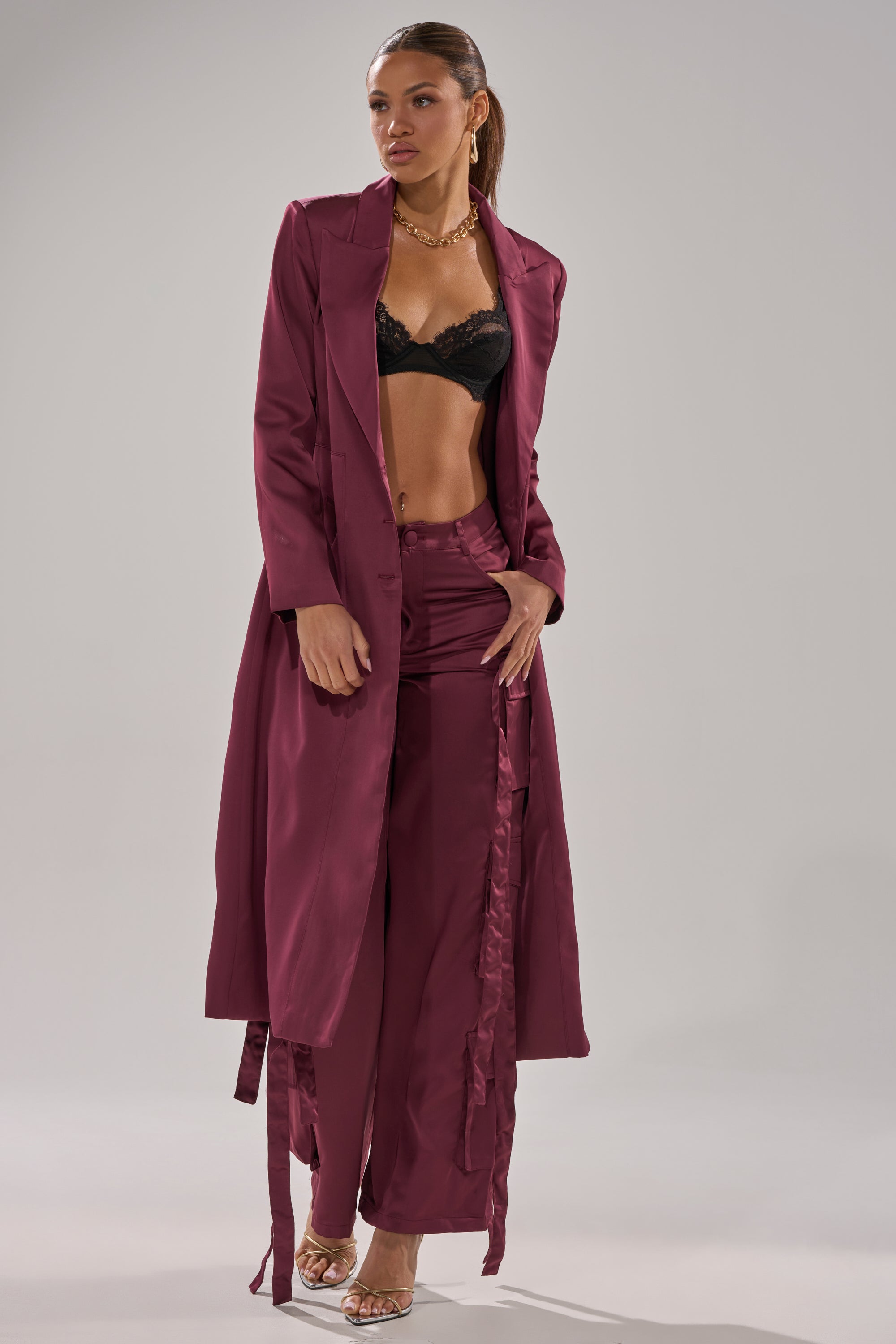 TAKE ME EVERYWHERE SATIN TRENCH IN BURGUNDY