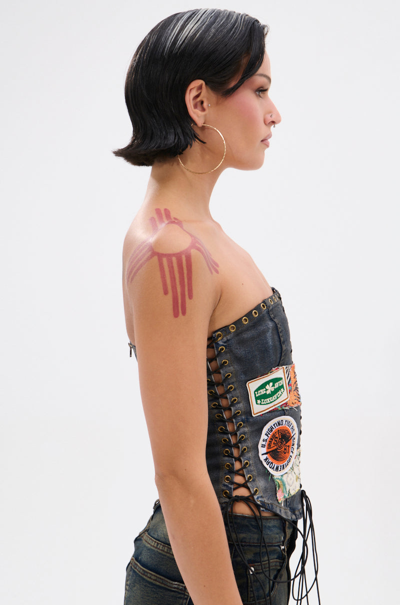 ARTS AND CRAFTS PATCH WORK DENIM CORSET