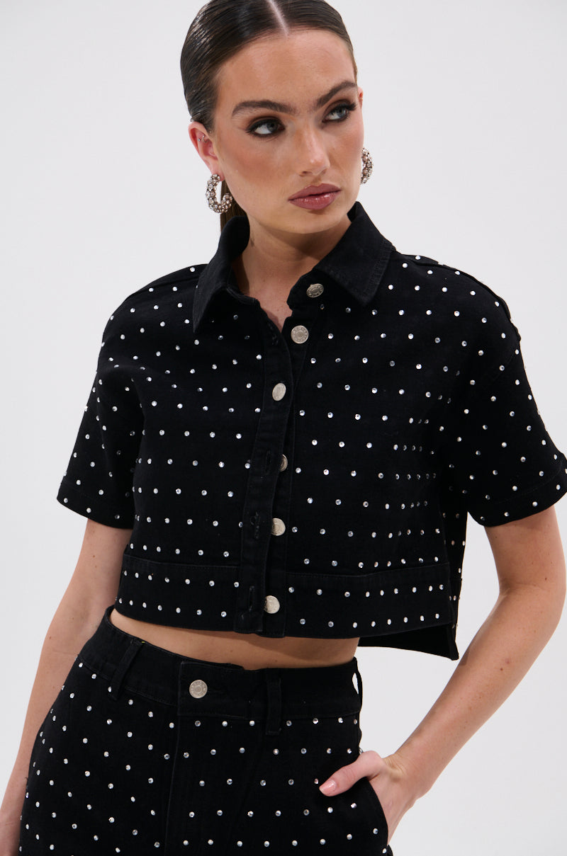 ITS GIVING DENIM RHINESTONE BUTTON DOWN