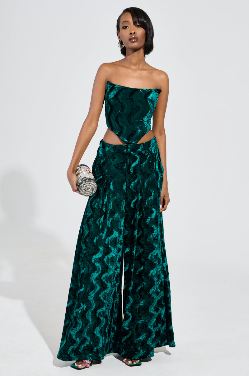 GREEN WITH ENVY VELVET WIDE LEG TROUSER