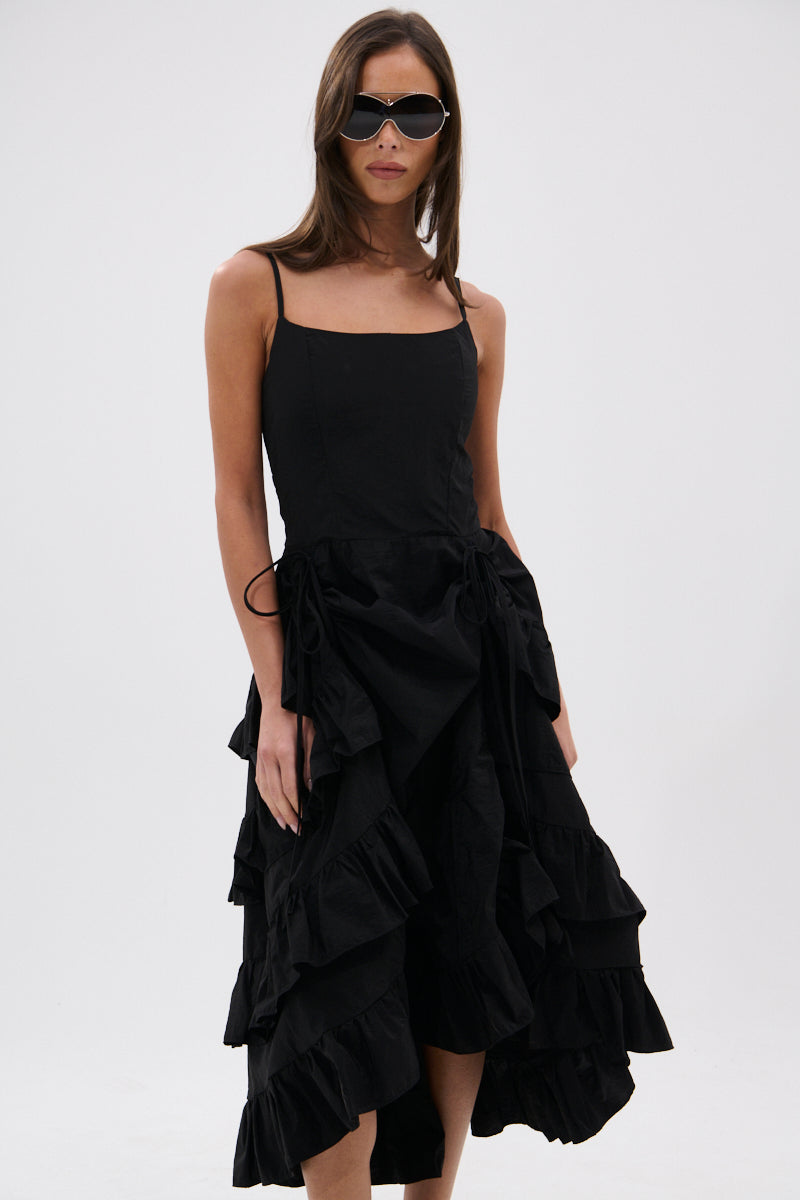ADDED DRAMA RUFFLED MIDI DRESS IN BLACK