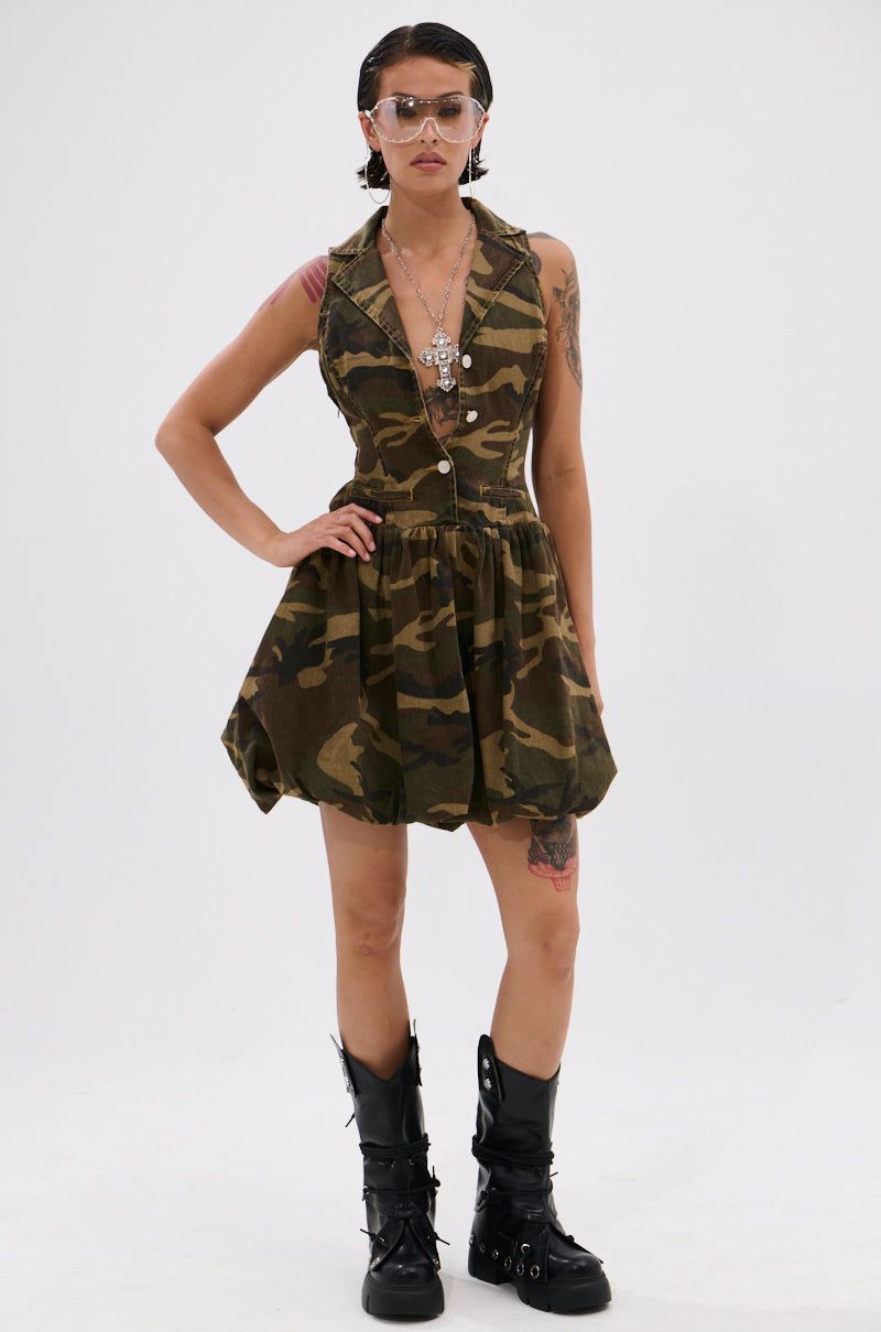 KELLY CAMO DENIM MINI DRESS
