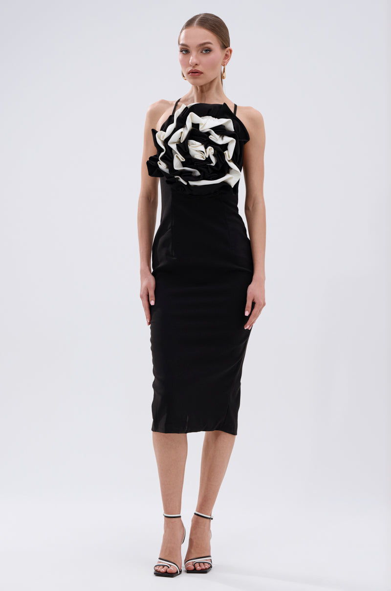 MAYBE SOMEDAY MIDI DRESS WITH FLOWER APPLIQUE