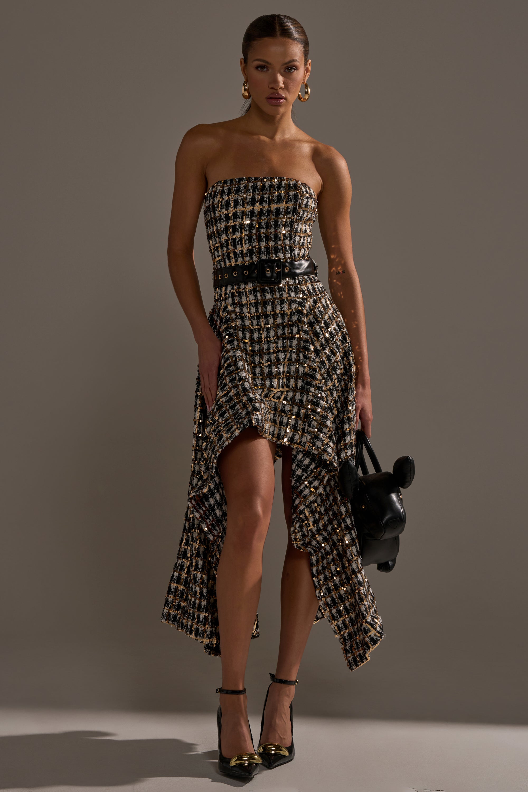 PURE ROYALTY BROCADE HIGH LOW TWEED DRESS WITH SEQUINS