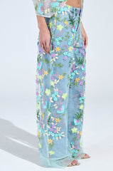 GARDENIA DENIM WITH FLORAL TULLE WIDE LEG JEANS