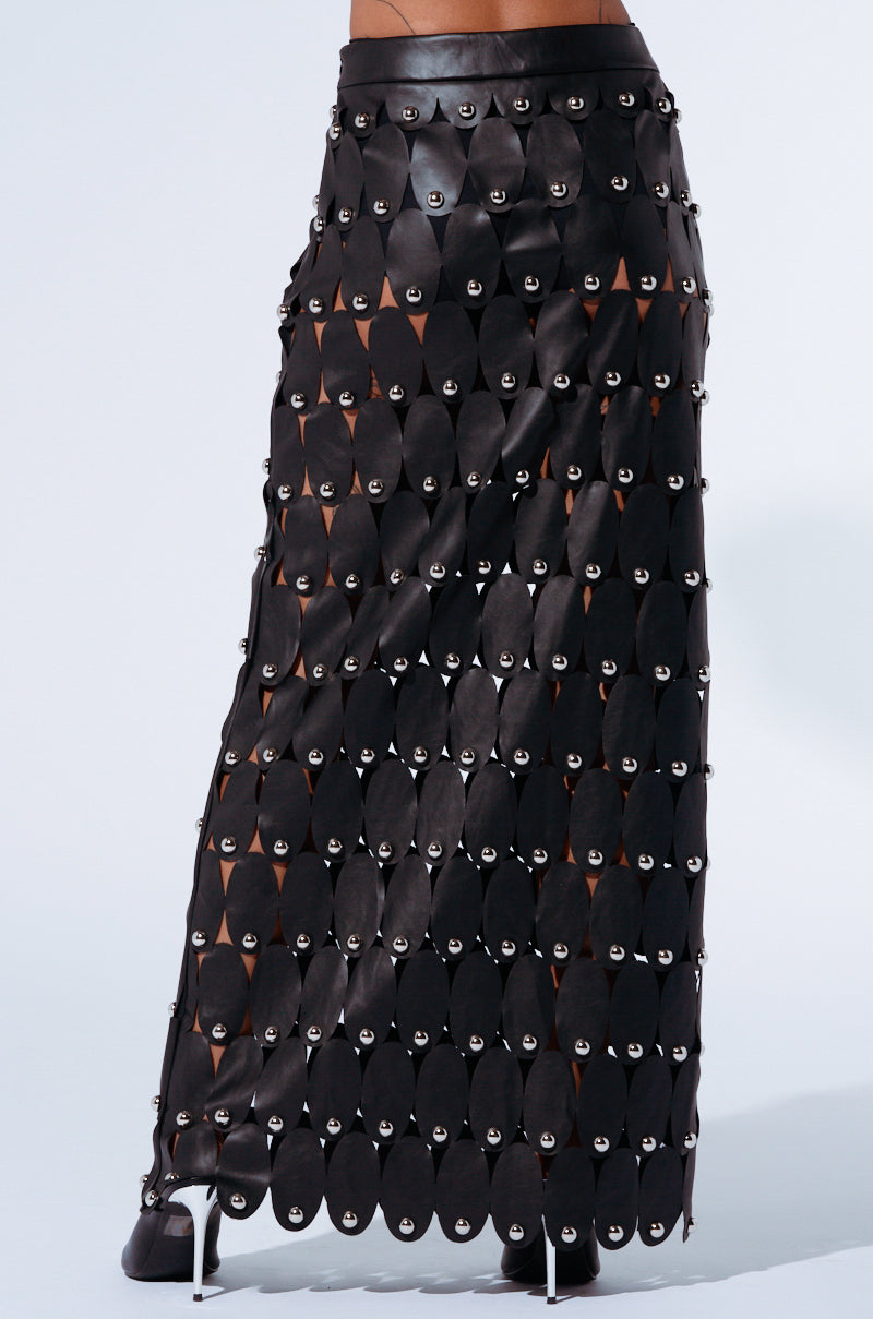 THE SNEAK PEEK STUDDED PU MIDI SKIRT IN BLACK