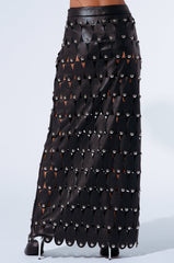 THE SNEAK PEEK STUDDED PU MIDI SKIRT IN BLACK