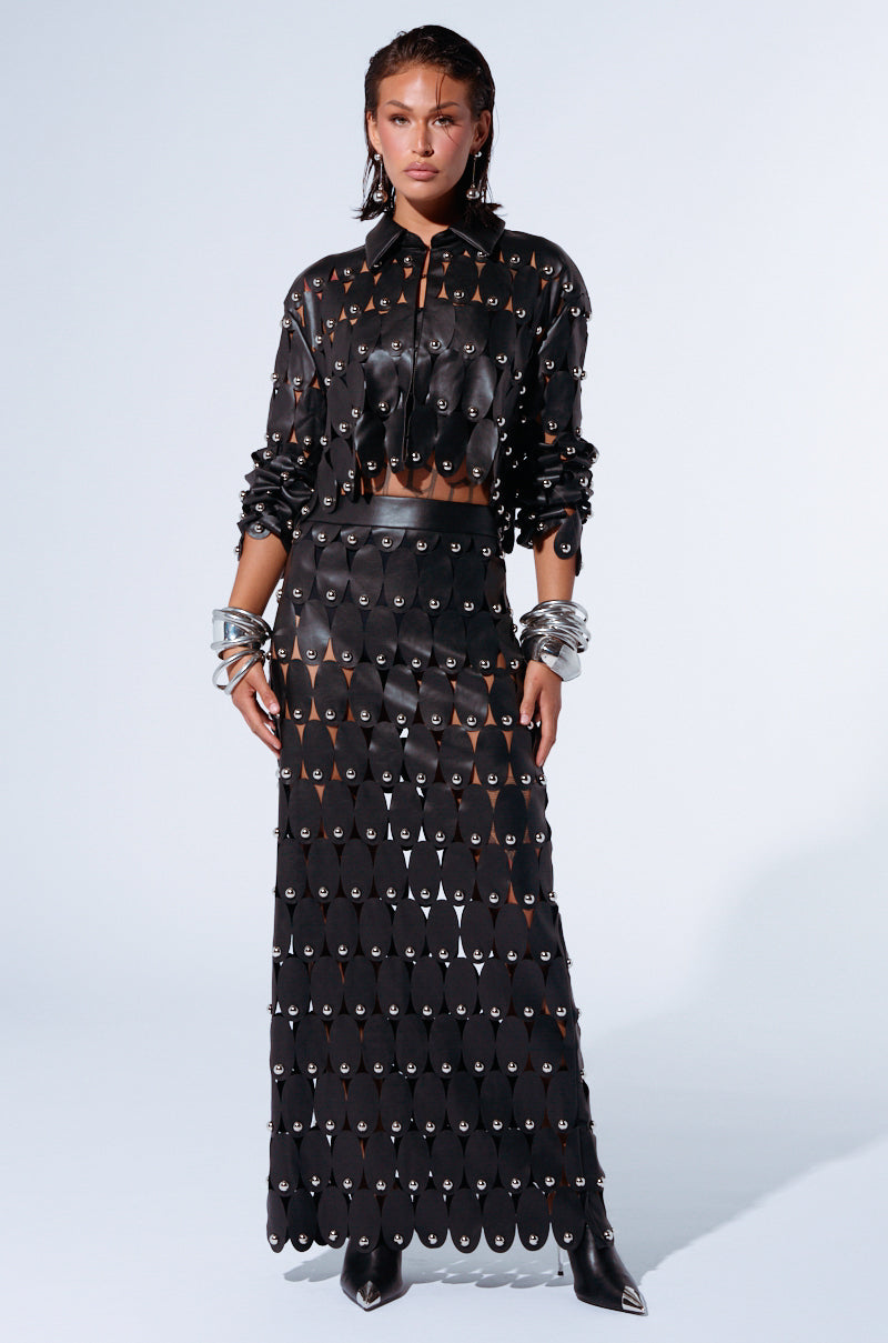 THE SNEAK PEEK STUDDED PU MIDI SKIRT IN BLACK