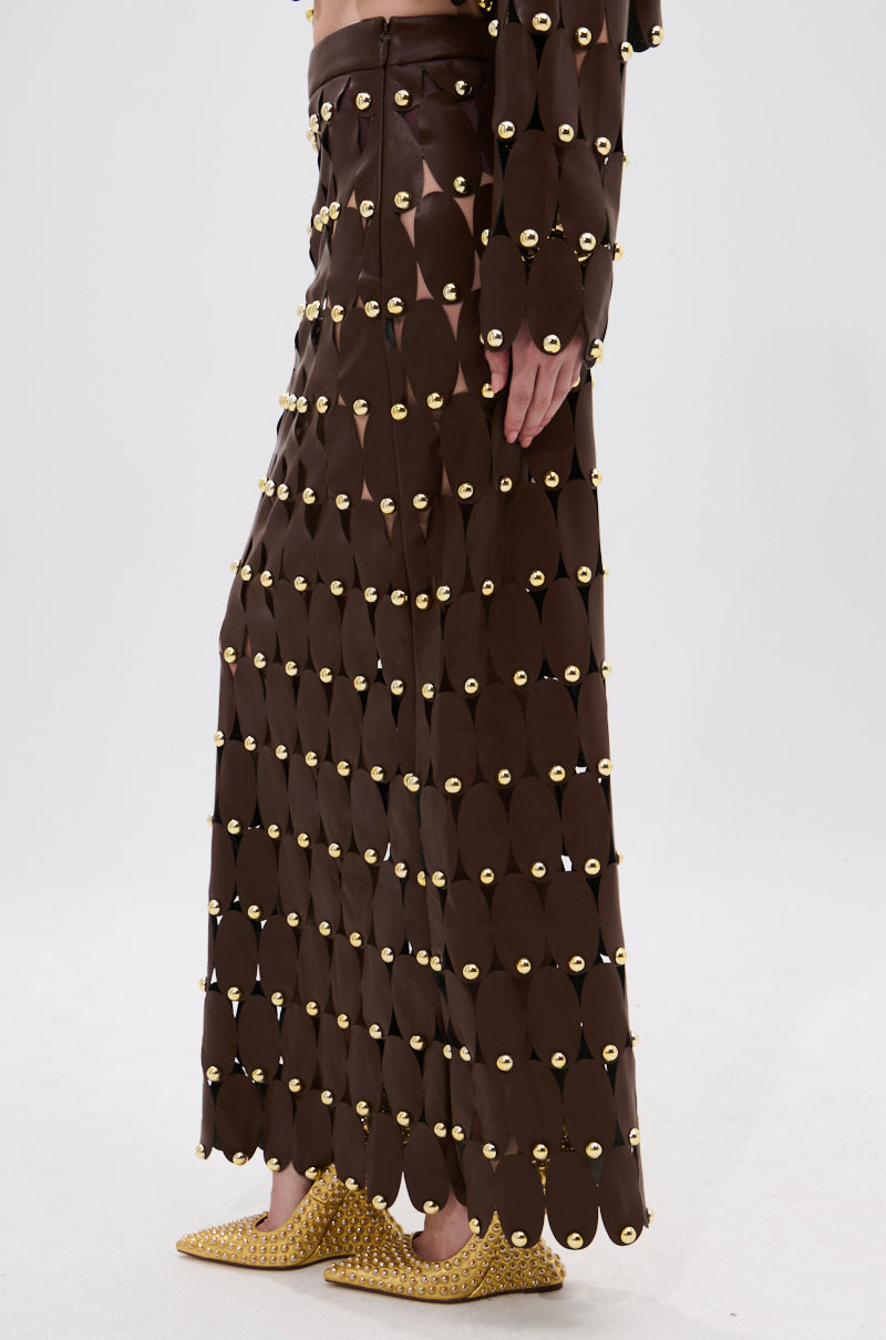 SNEAK PEEK STUDDED PU MIDI SKIRT IN BROWN