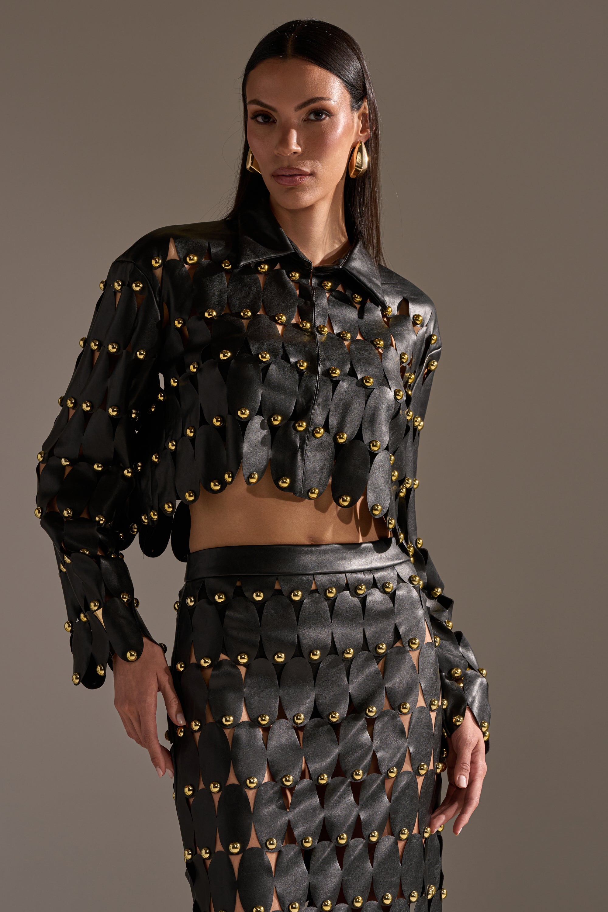 THE SNEAK PEEK STUDDED PU BLOUSE IN BLACK