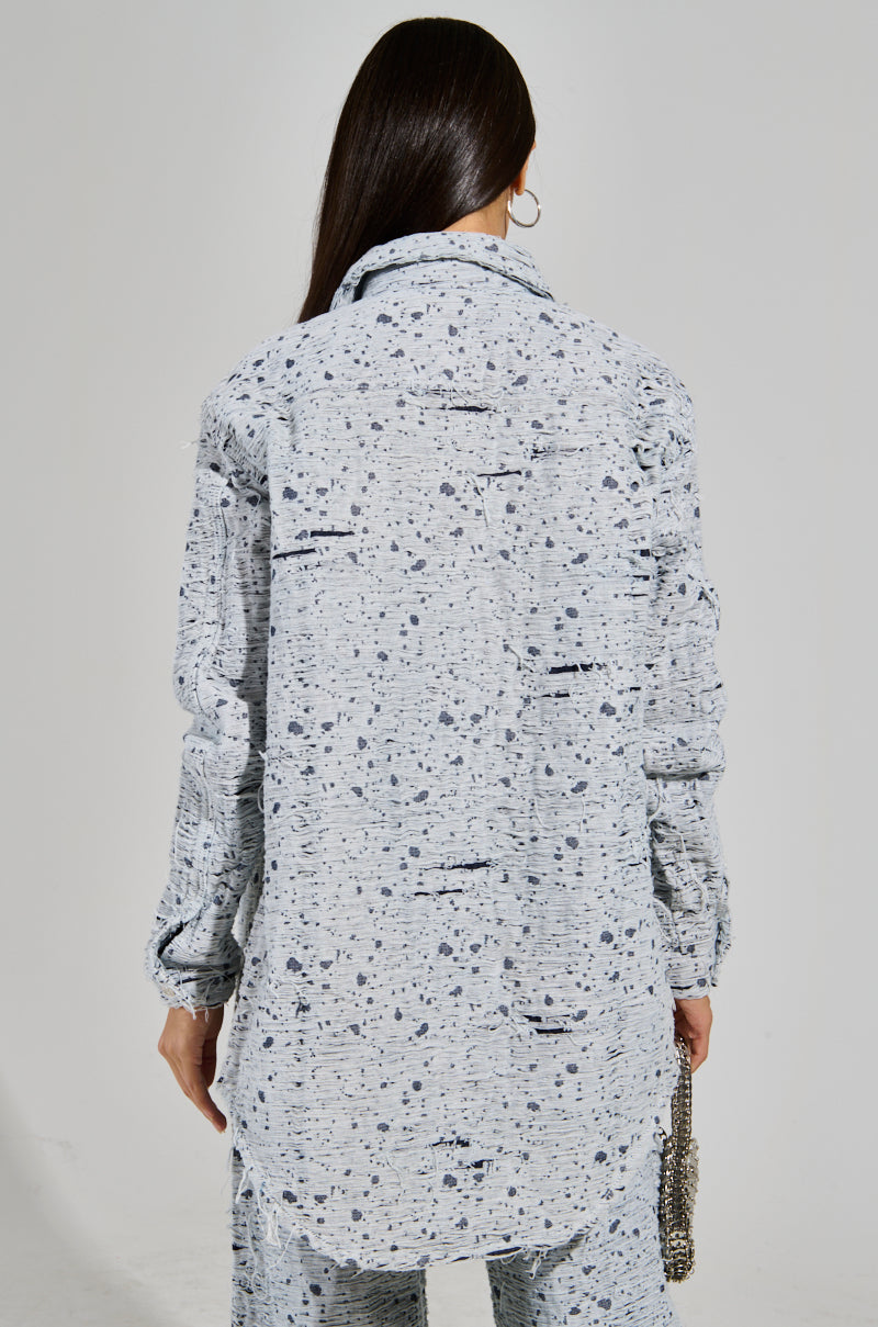 NEVER LOSE ME DISTRESSED BUTTON DOWN LIGHT BLUE DENIM SHIRT