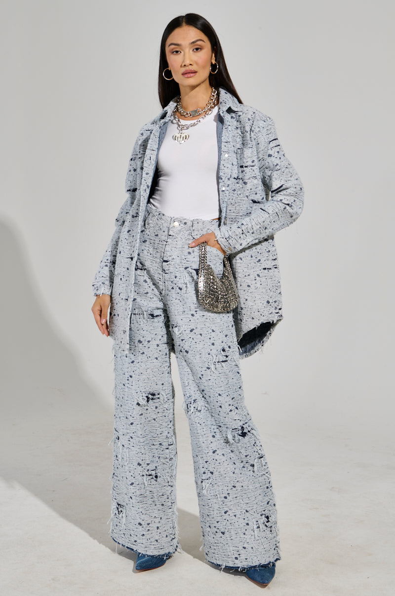 NEVER LOSE ME DISTRESSED BUTTON DOWN LIGHT BLUE DENIM SHIRT