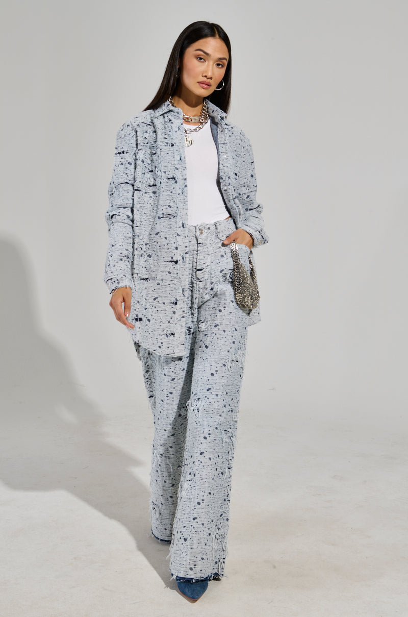 NEVER LOSE ME DISTRESSED BUTTON DOWN LIGHT BLUE DENIM SHIRT